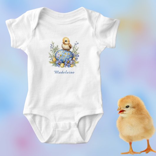 Cute Baby Kuiken Paasei Blauw Geel Monogram Romper