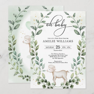 Cute Baby Lamb Greenery Wreator Neutral Shower Kaart