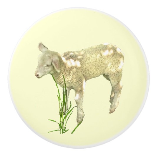 Cute Baby Lamb op Gele Keramische Knoop Knop (Voorkant)