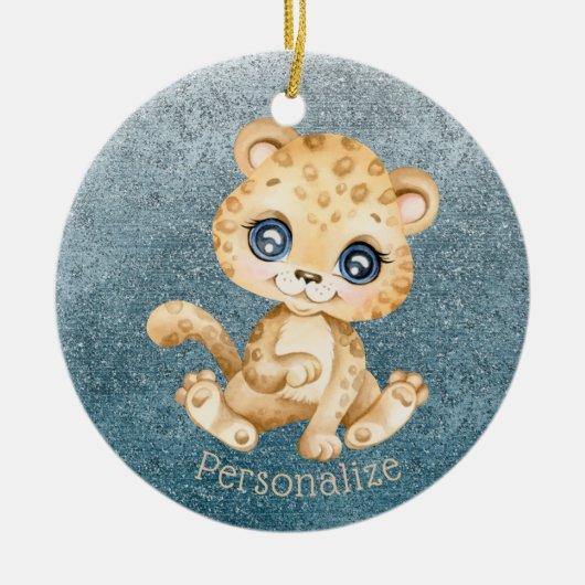 Cute Baby Leopard Blue Glitter Personaliseren Keramisch Ornament (Voorkant)