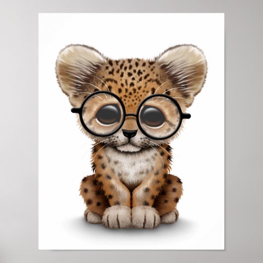 Cute Baby Leopard Cub Wearing Glasses on White Poster (Voorkant)