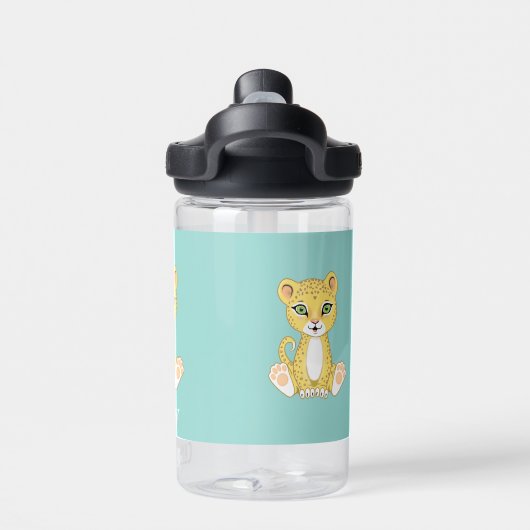 Cute Baby Leopard op Light Blue Waterfles (Achterkant)