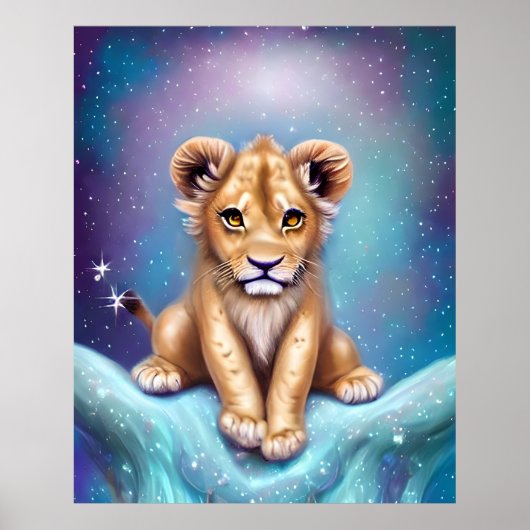 Cute Baby Lion Cub Snowy Background Poster (Voorkant)