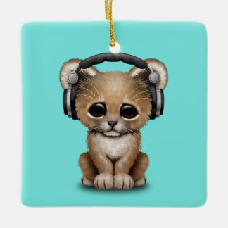 Cute Baby Lion met hoofdtelefoon Keramisch Ornament