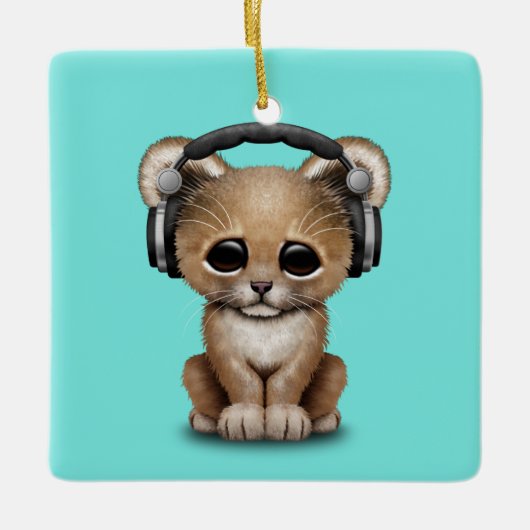 Cute Baby Lion met hoofdtelefoon Keramisch Ornament (Voorkant)