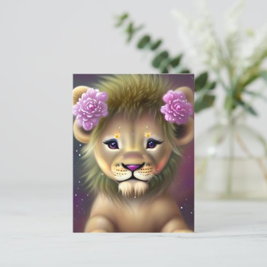Cute Baby Lion met roze bloemen Grafisch Briefkaart (Staand voorkant)