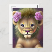 Cute Baby Lion met roze bloemen Grafisch Briefkaart (Voorkant / Achterkant)