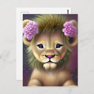 Cute Baby Lion met roze bloemen Grafisch Briefkaart
