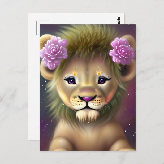 Cute Baby Lion met roze bloemen Grafisch Briefkaart (Voorkant / Achterkant)