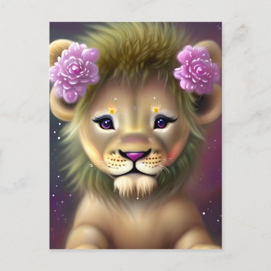 Cute Baby Lion met roze bloemen Grafisch Briefkaart (Voorkant)