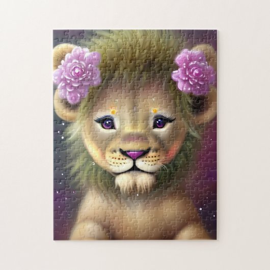 Cute Baby Lion met roze bloemen Grafisch Legpuzzel (Verticaal)