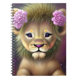 Cute Baby Lion met roze bloemen Grafisch Notitieboek