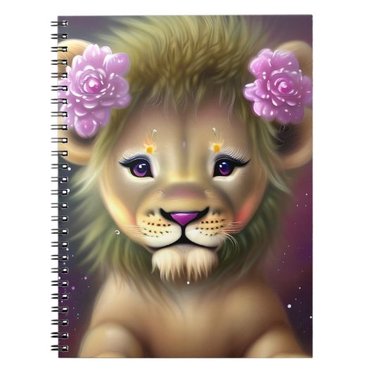 Cute Baby Lion met roze bloemen Grafisch Notitieboek (Voorkant)