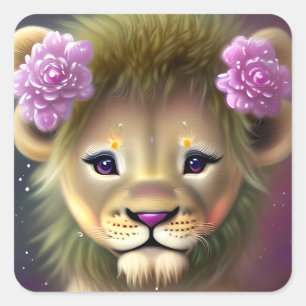 Cute Baby Lion met roze bloemen Grafisch Vierkante Sticker