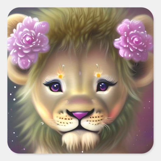 Cute Baby Lion met roze bloemen Grafisch Vierkante Sticker (Voorkant)