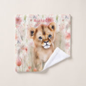 Cute Baby Lion Pastel Waterverf Spring Flowers Bad Handdoek (Wasdoekje)