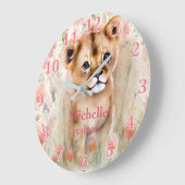 Cute Baby Lion Pastel Waterverf Spring Flowers Grote Klok (Hoek)