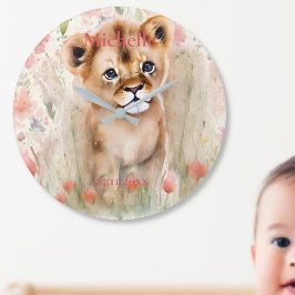 Cute Baby Lion Pastel Waterverf Spring Flowers Grote Klok