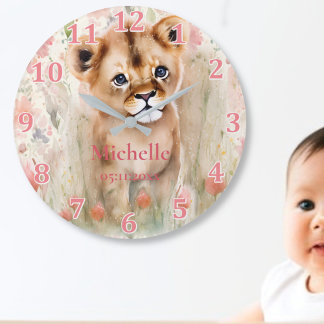 Cute Baby Lion Pastel Waterverf Spring Flowers Grote Klok
