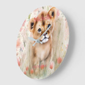 Cute Baby Lion Pastel Waterverf Spring Flowers Grote Klok (Hoek)