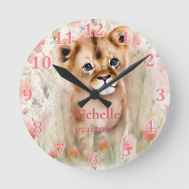 Cute Baby Lion Pastel Waterverf Spring Flowers Ronde Klok