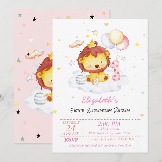 Cute Baby Lion Stars Birthday Uitnodiging (Voorkant / Achterkant)