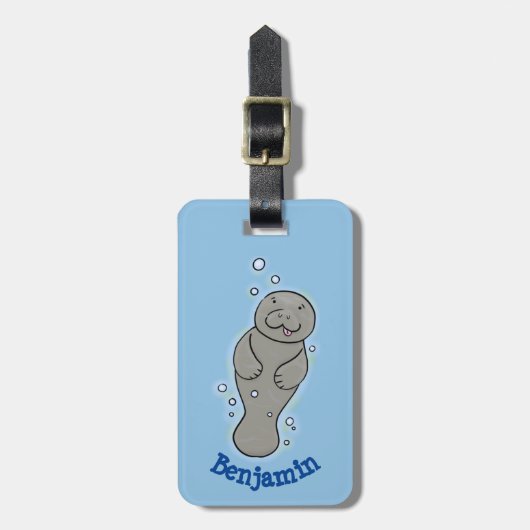 Cute baby manatee met bellenillustratie bagagelabel (Voorkant verticaal)
