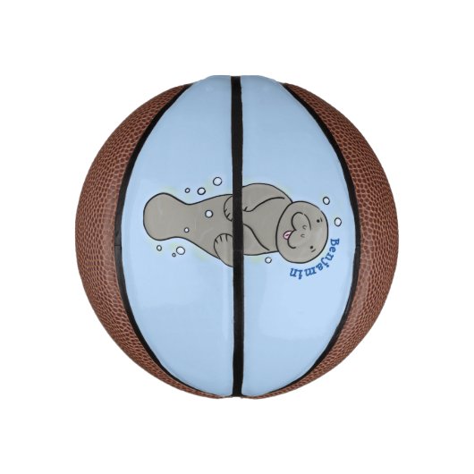 Cute baby manatee met bellenillustratie basketbal (Verticaal)