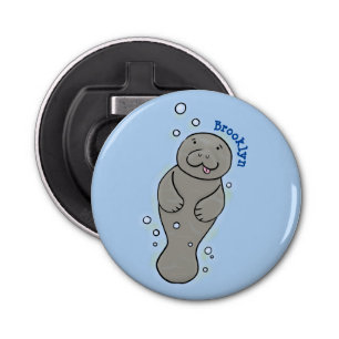 Cute baby manatee met bellenillustratie button flesopener