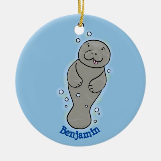 Cute baby manatee met bellenillustratie keramisch ornament (Voorkant)