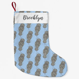 Cute baby manatee met bellenillustratie kleine kerstsok