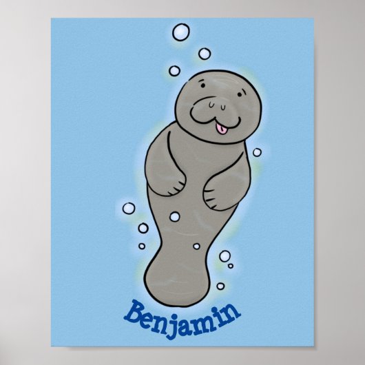 Cute baby manatee met bellenillustratie poster (Voorkant)