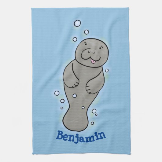 Cute baby manatee met bellenillustratie theedoek (Verticaal)