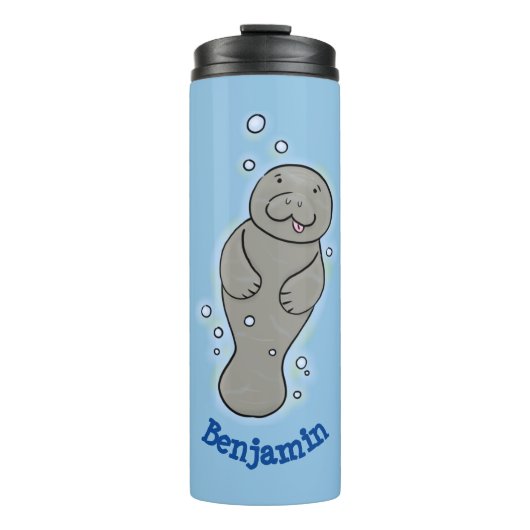 Cute baby manatee met bellenillustratie thermosbeker (Voorkant)