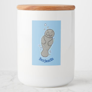 Cute baby manatee met bellenillustratie voedselcontainer etiket