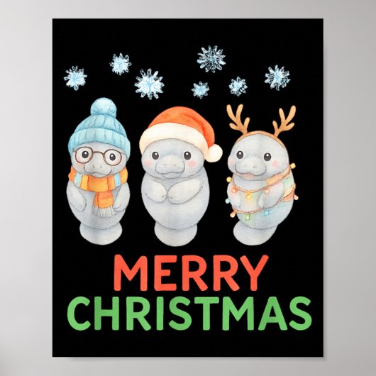 Cute Baby Manatee Santa Reindeer Christmas Manatee Poster (Voorkant)