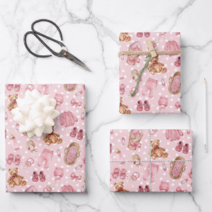 Cute Baby Meisje Baby Shower Teddyberen Kleren Inpakpapier Vel
