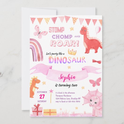 Cute Baby Meisje Roze Dino Dinosaur Kinderen Verja Kaart (Voorkant)