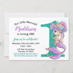 Cute Baby Mermaid 1st Birthday Invitation Kaart