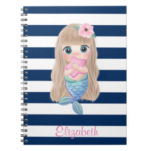 Cute Baby Mermaid Navy Blue Stripes Notitieboek