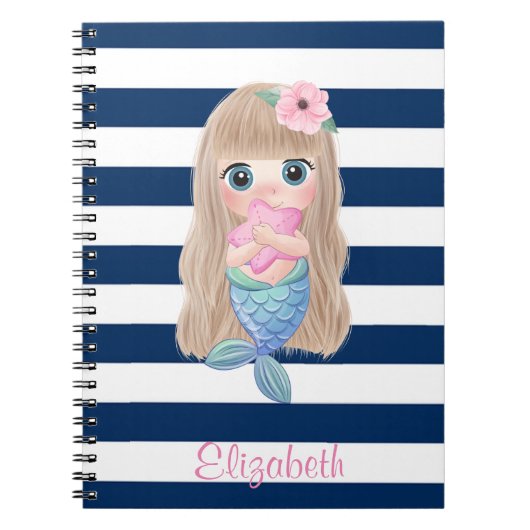 Cute Baby Mermaid Navy Blue Stripes Notitieboek (Voorkant)