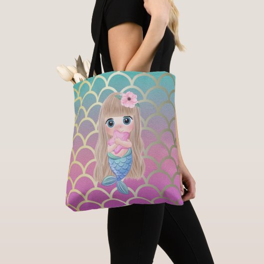 Cute Baby Mermaid Ombre Mermaid Tail Scales Tote Bag (Dichtbij)
