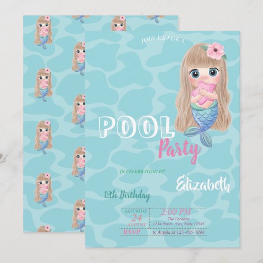 Cute Baby Mermaid Pool Birthday Party Kaart (Voorkant / Achterkant)