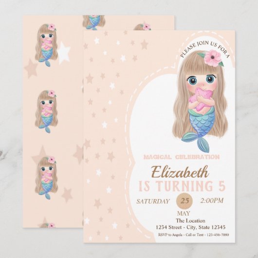 Cute Baby Mermaid Stars Birthday Uitnodiging (Voorkant / Achterkant)