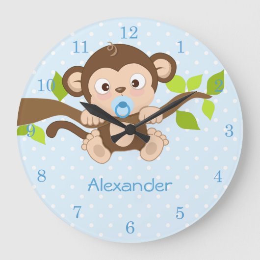 Cute Baby Monkey Blue Polka Dots Wall Clocks Grote Klok (Voorkant)