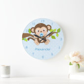 Cute Baby Monkey Blue Polka Dots Wall Clocks Grote Klok (Huis)