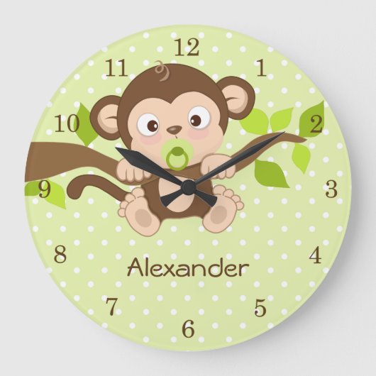 Cute Baby Monkey Green Polka Dots Wall Clocks Grote Klok (Voorkant)