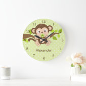 Cute Baby Monkey Green Polka Dots Wall Clocks Grote Klok (Huis)