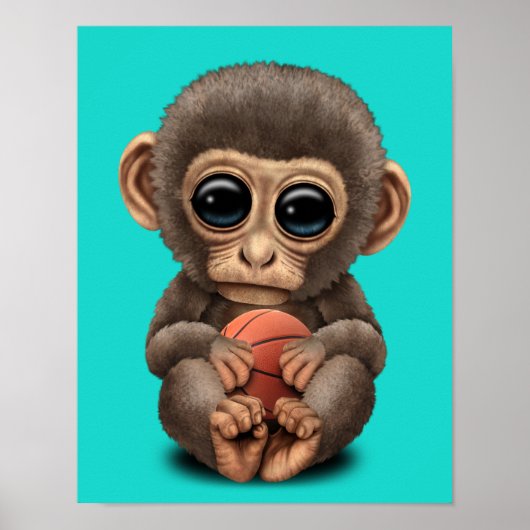 Cute Baby Monkey Playing With Basketball Poster (Voorkant)