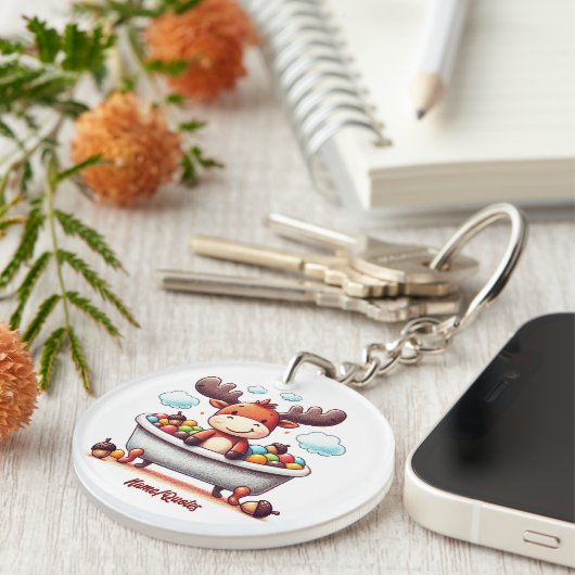 Cute Baby Moose Bath Time Cartoon Illustration Sleutelhanger (Voorkant Rechts)